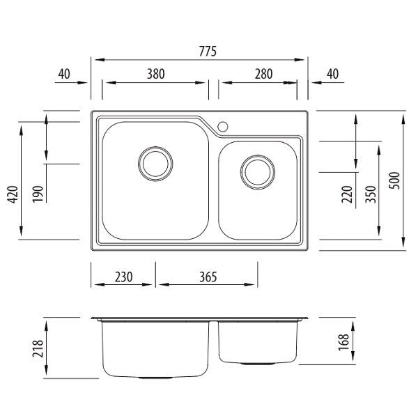 Oliveri Nu-Petite 1 & 3/4 bowl topmount sink 1TH