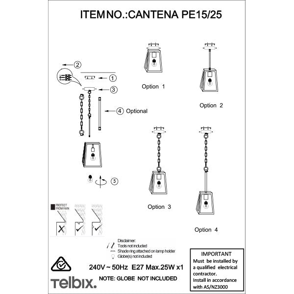 Telbix Cantena E27 15cm Pendant Antique Brass