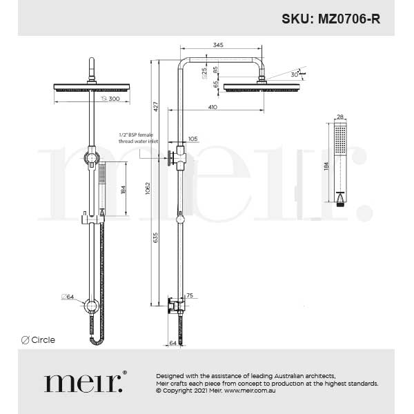 Meir Round Combination Shower Rail 300mm Rose & Hand Shower - Brushed Nickel