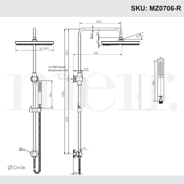 Meir Round Combination Shower Rail 300mm Rose & Hand Shower - Chrome