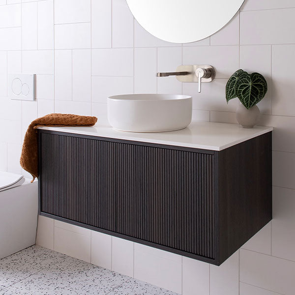 ADP Clifton Vanity 900mm centre bowl in Bottega Oak cabinet finish, and 12mm Bright White Cherry Pie benchtop - The Blue Space