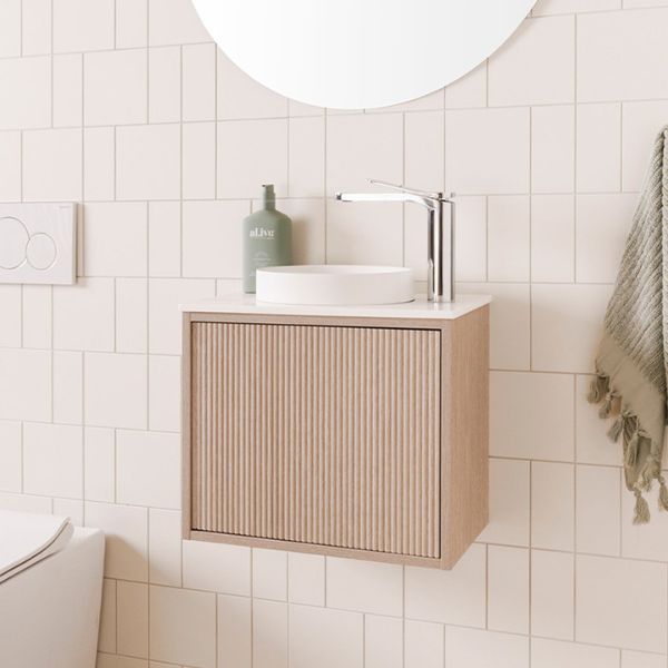 ADP Clifton Mini Wall Hung Small Vanity in Coastal Oak Finish with 1 Taphole & Gloss White Basin - The Blue Space