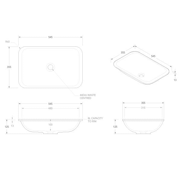 ADP Glory 545 x 355 Solid Surface Under Counter Basin White
