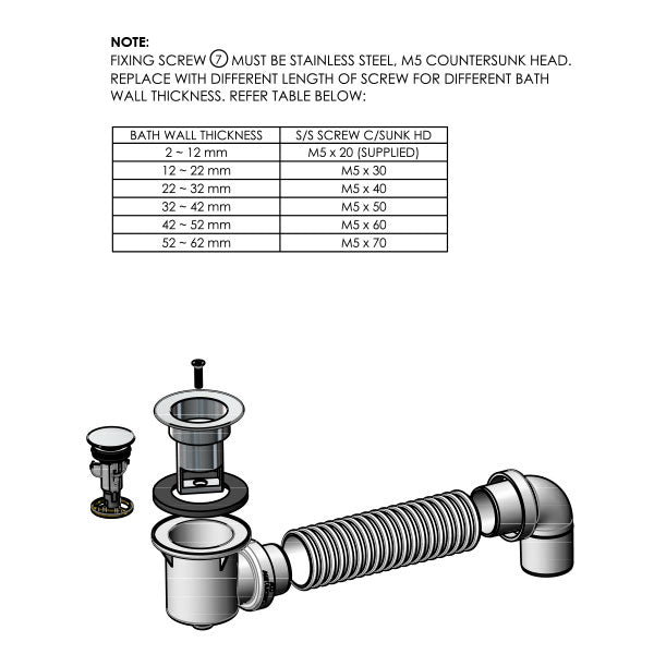 ART Australia Bath Bend Pop Down® and Connector Brushed Chrome