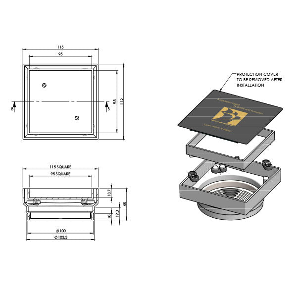 ART Australia Bermuda Standard Floor Waste Tile Insert 100mm Technical Drawing - The Blue Space