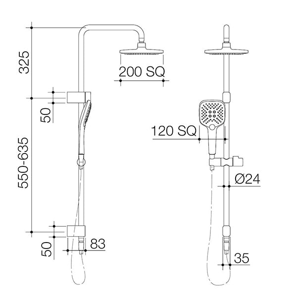 Caroma Luna Multifunction Rail Shower with Overhead Technical Drawing - The Blue Space