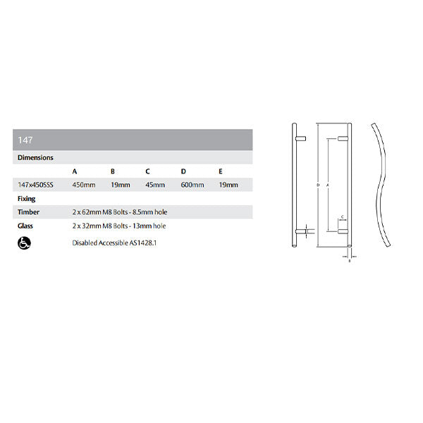 Lockwood Entrance Pull Door Handle 147 Satin Stainless Steel