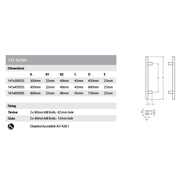 Lockwood Entrance Pull Door Handle 141 Satin Stainless Steel