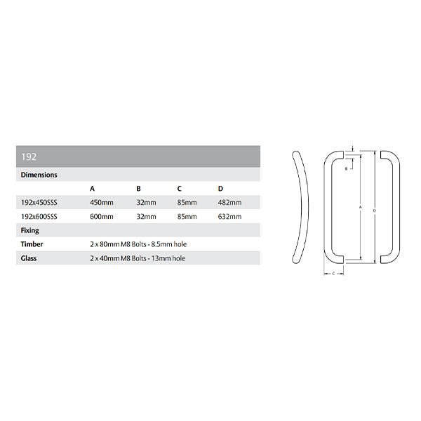 Lockwood Entrance Pull Door Handle 192 Satin Stainless Steel