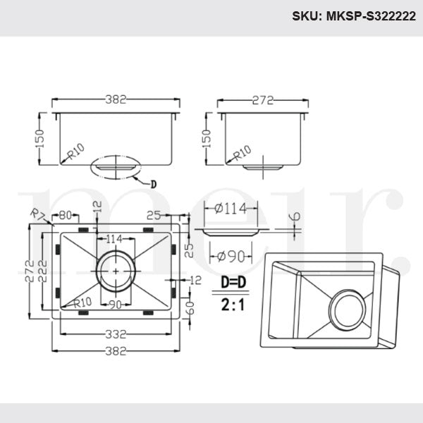 Meir Kitchen Mini Sink Single Bowl 382mm x 272mm Brushed Nickel Technical Drawing - The Blue Space
