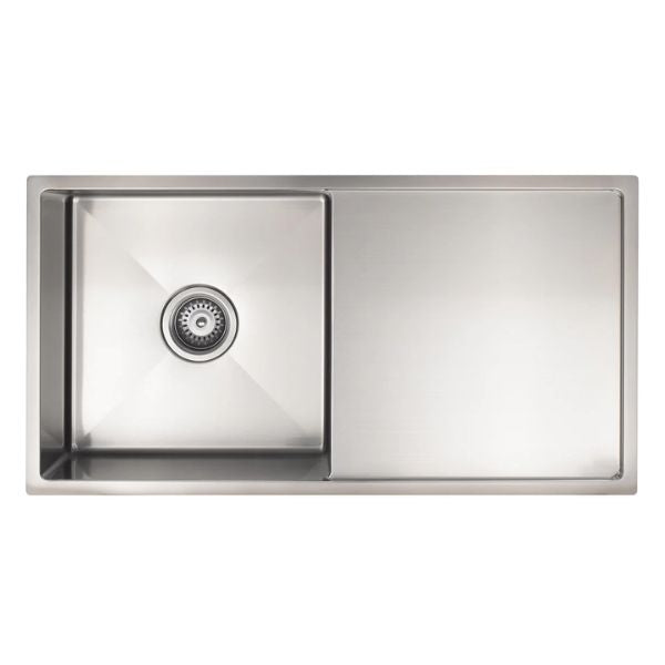 Meir Kitchen Sink Single Bowl with Drainer 840x440 Brushed Nickel top view | The Blue Space