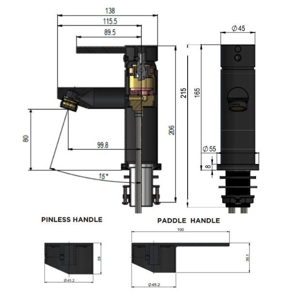 Meir Paddle Round Basin Mixer Technical Drawing - The Blue Space