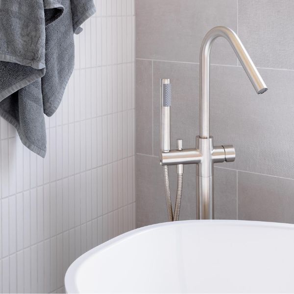 Meir Pinless Round Freestanding Bath Spout and Hand Shower Brushed Nickel