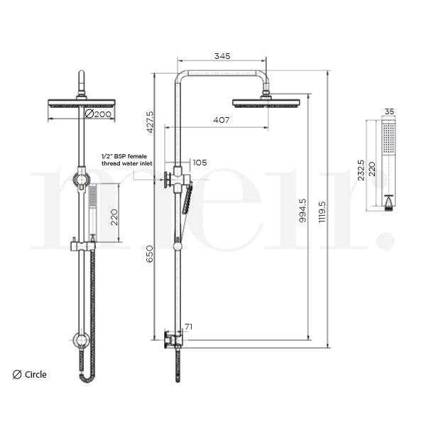 Meir Round Combination Shower Rail 200mm Rose & Hand Shower Brushed Nickel