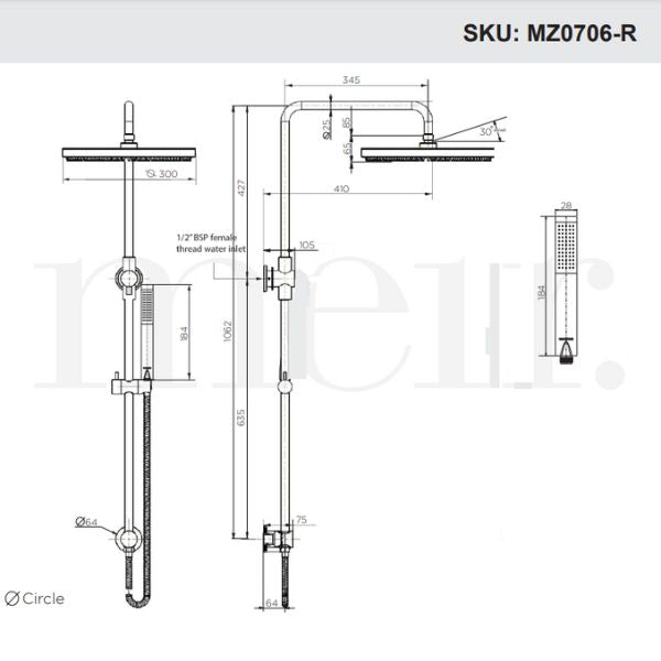 Meir Round Combination Shower Rail 300mm Rose & Hand Shower - Shadow