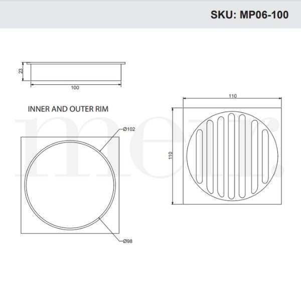 Meir Square Floor Grate Shower Drain 100mm Outlet - Shadow