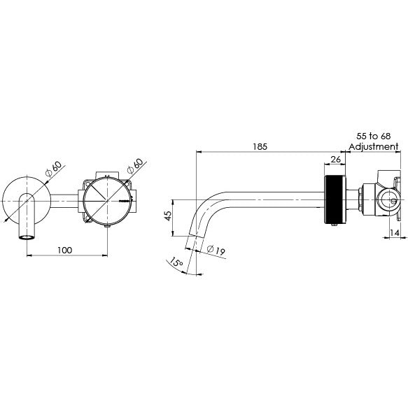 Phoenix Axia Wall Basin/Bath Curved Outlet Set 180mm Chrome
