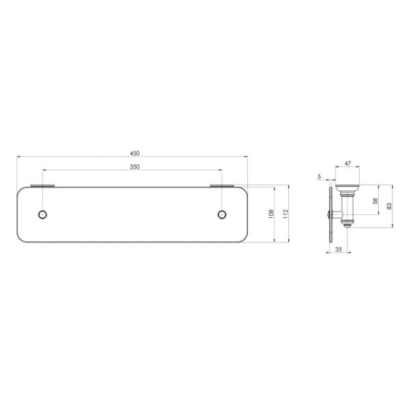 Technical Drawing; Phoenix Cromford Glass Shelf 450mm