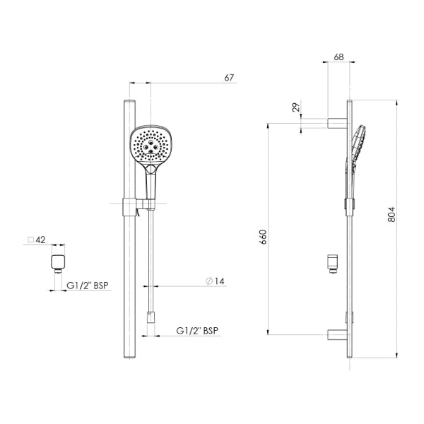 Technical Drawing: Phoenix Nuage Rail Shower Brushed Nickel