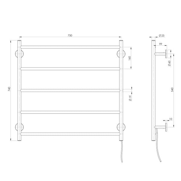 Phoenix Radii Heated Towel Ladder 750mm Brushed Nickel