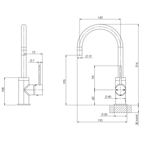 Phoenix Vivid Slimline Sink Mixer 160mm Gooseneck Technical Drawing - The Blue Space