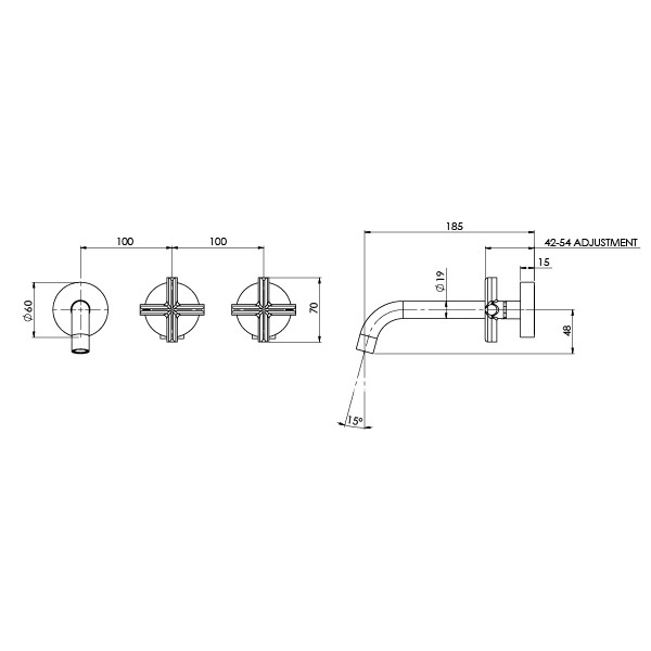 Phoenix Vivid Slimline Plus Wall Basin/Bath Hostess Set 180mm Technical Drawing at The Blue Space