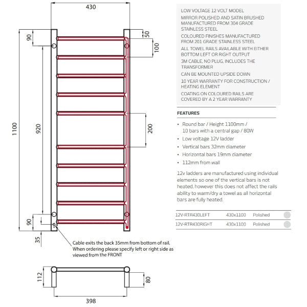 Radiant 12V 10 Bar Round Heated Towel Ladder 430w x 1100h - Polished SS