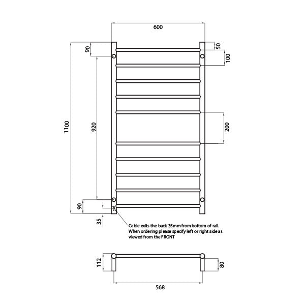 Radiant Round 10 Bar Heated Towel Ladder 600 x 1100 Brushed