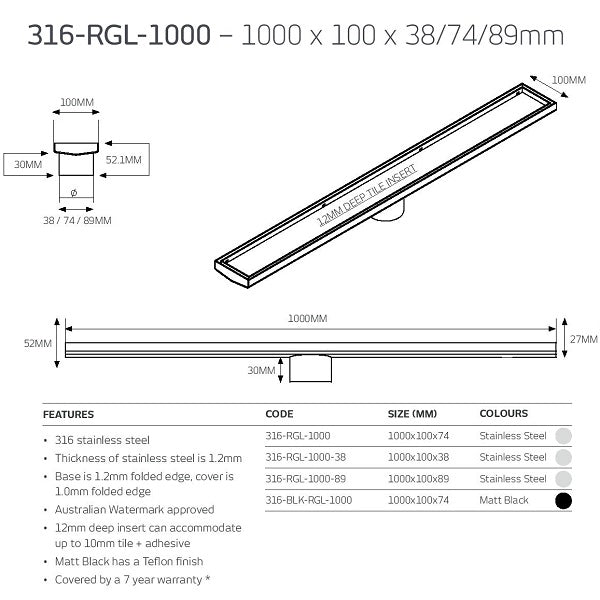 Radiant Tile Insert Linear Shower Grate - Brushed Satin