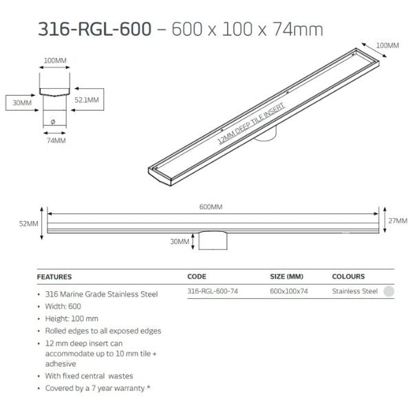 Radiant Tile Insert Linear Shower Grate Gun Metal Grey 600 - 900mm