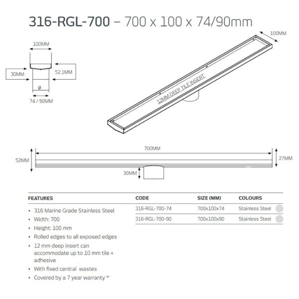 Radiant Tile Insert Linear Shower Grate Gun Metal Grey 600 - 900mm