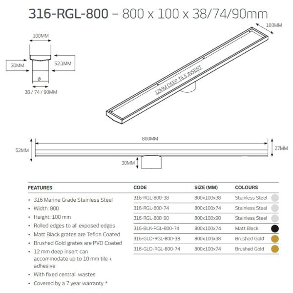 Radiant Tile Insert Linear Shower Grate Gun Metal Grey 600 - 900mm