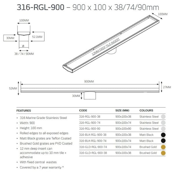 Radiant Tile Insert Linear Shower Grate Gun Metal Grey 600 - 900mm