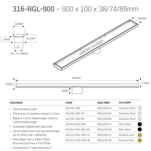Radiant Tile Insert Linear Shower Grate Brushed Gold