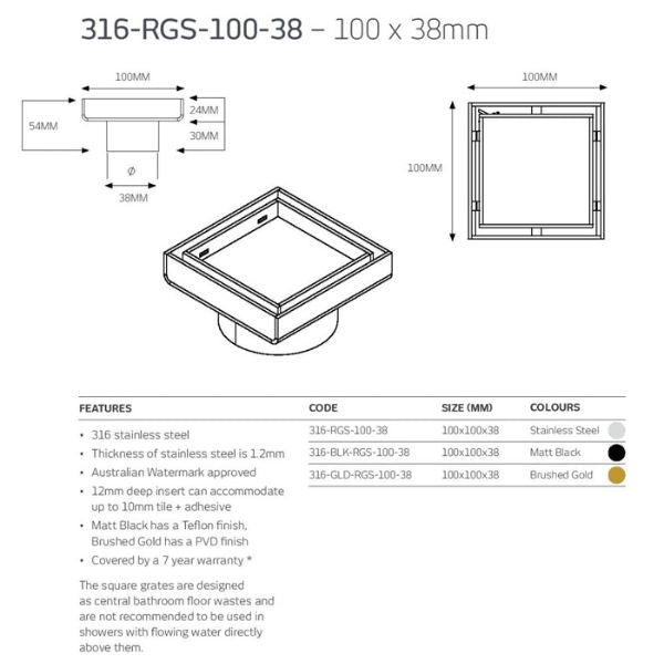 Radiant Tile Insert Square Floor Waste - Brushed Gold