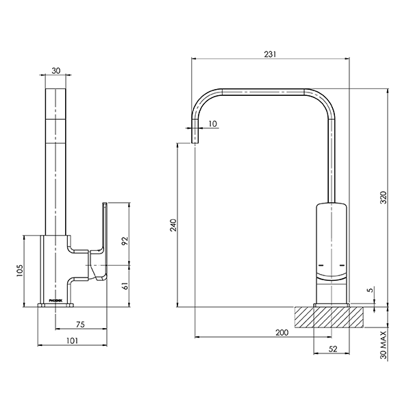 Phoenix Teva Sink Mixer 200mm Squareline Brushed Nickel
