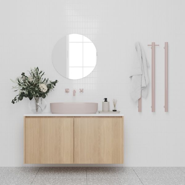 Thermogroup 12V Vertical Single Bar Heated Towel Rail Dusty Pink in Modern Bathroom Design - The Blue Phase