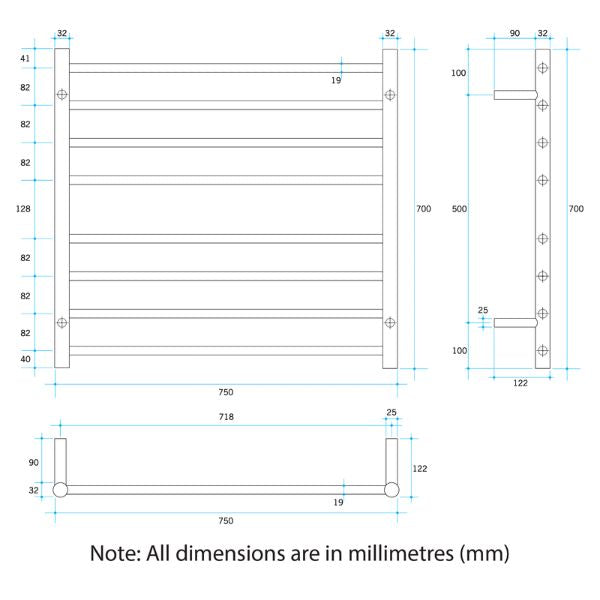 Thermogroup 8 Bar Thermorail Heated Towel Ladder 750mm