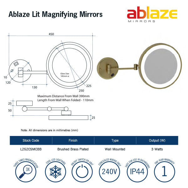 Thermogroup Ablaze 3x Magnification Wall Mounted Shaving Mirror - Brushed Brass