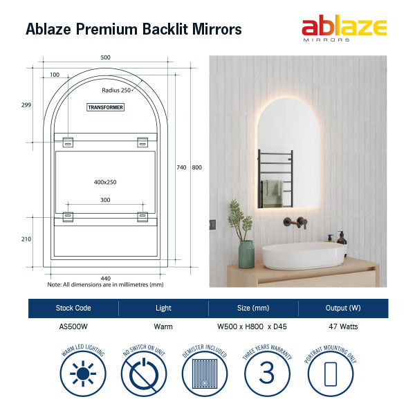 Thermogroup Backlit Arch Shape LED Mirror 500x800 with Warm or Cool Light and Demister