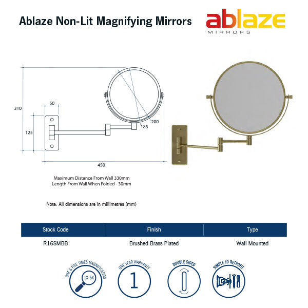 Thermogroup Ablaze Double sided 1 & 5x Magnification Wall Mounted Shaving Mirror - Brushed Brass