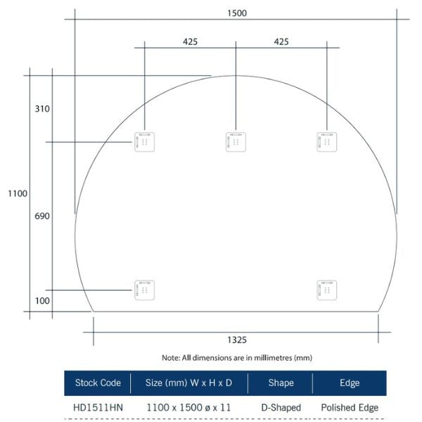 Thermogroup Ablaze Mirror D-Shaped Polished Edge Mirror 1500 x 1100mm