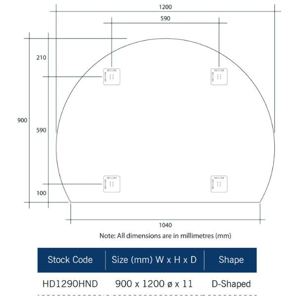 Thermogroup Ablaze Mirror D-Shaped Polished Edge Mirror 1200 x 900mm
