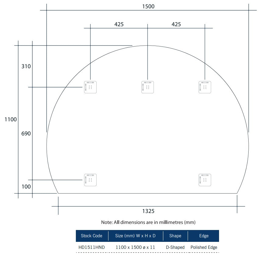 Thermogroup Ablaze Mirror D-Shaped Polished Edge Mirror 1500 x 1100mm