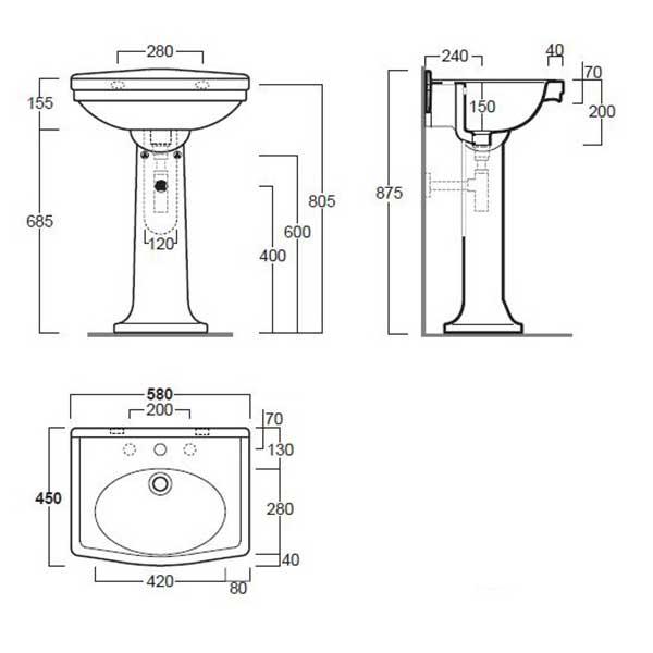Turner Hastings Claremont 580mm Wall Hung Basin & Pedestal - White