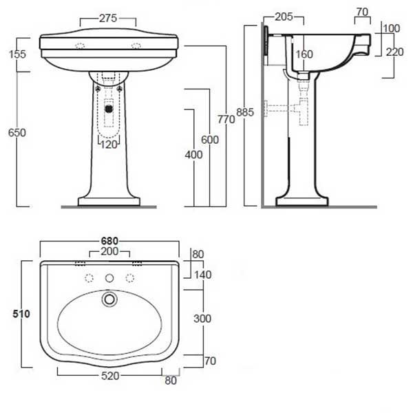 Turner Hastings Claremont 680mm Wall Hung Basin & Pedestal - White