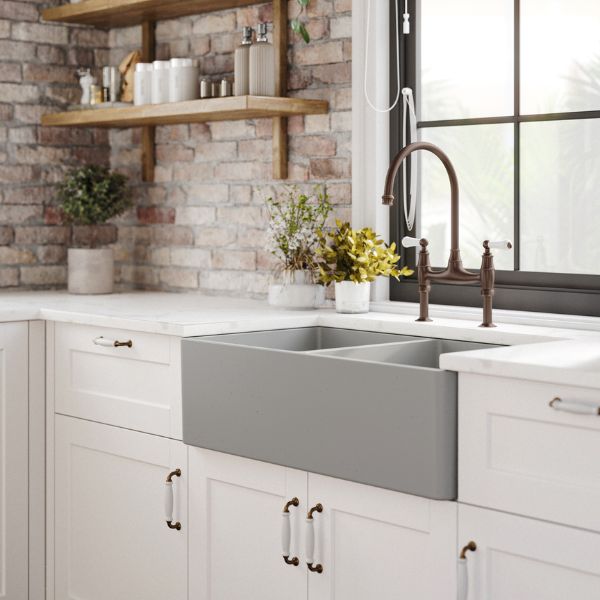 Turner Hastings 85 x 46 Fine Fireclay Concrete Look Double Bowl Butler Sink