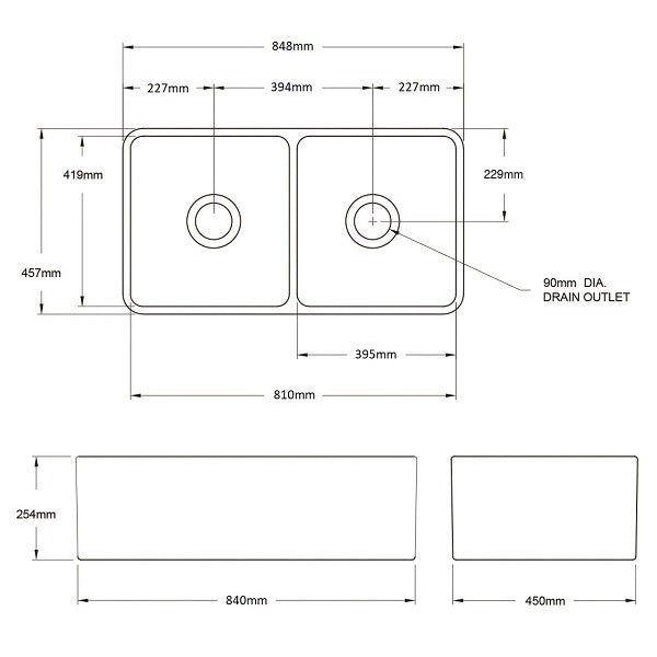 Technical Drawing: Turner Hastings 85 x 46 Fine Fireclay Concrete Look Double Bowl Butler Sink