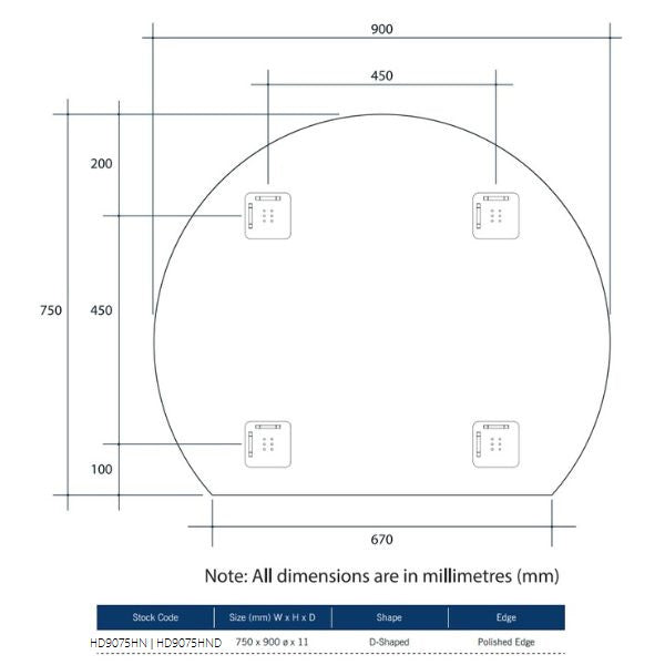 Thermogroup Ablaze Mirror D-Shaped Polished Edge Mirror 900 x 750mm